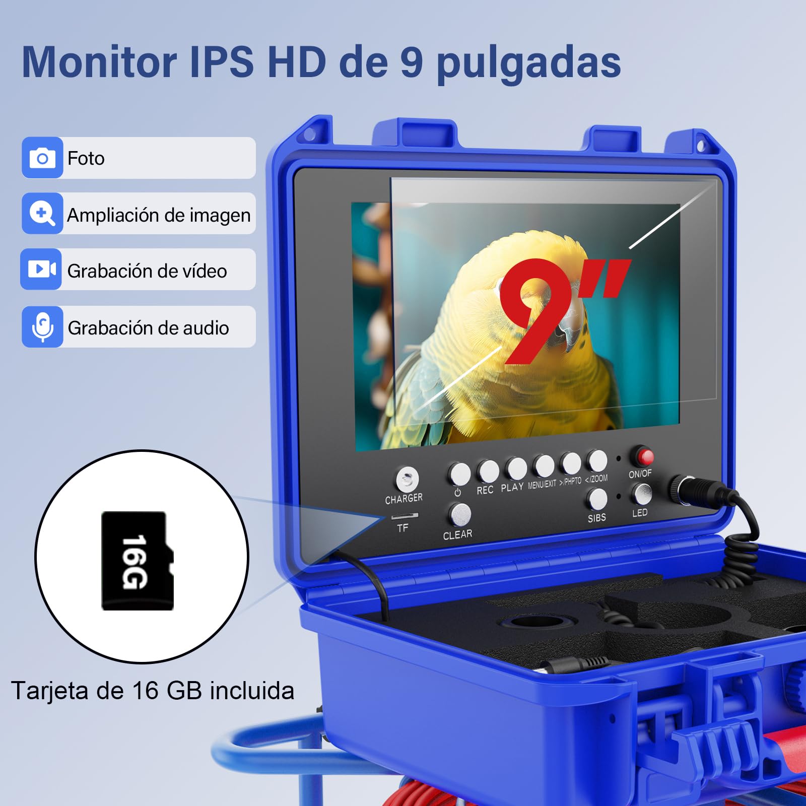 Cámara Endoscópica 9" Monitor Cámara Inspección de Tuberías con Nivelación Automática DVR Grabación de vídeo y Audio con Contador de Metros 30m