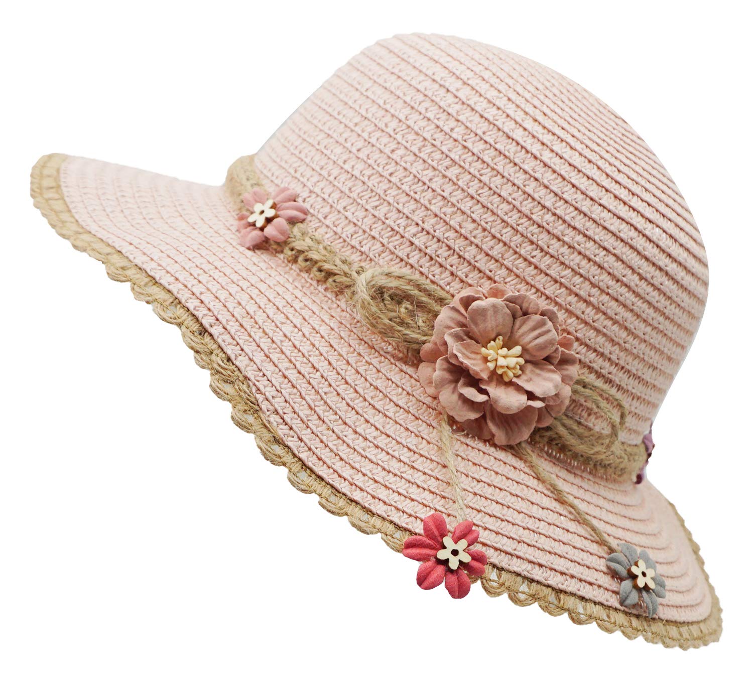 Bienvenu Kid Girl Straw Wide Brim Hat Summer Beach Hat Sun Protection,Knit Belt Style_Pink