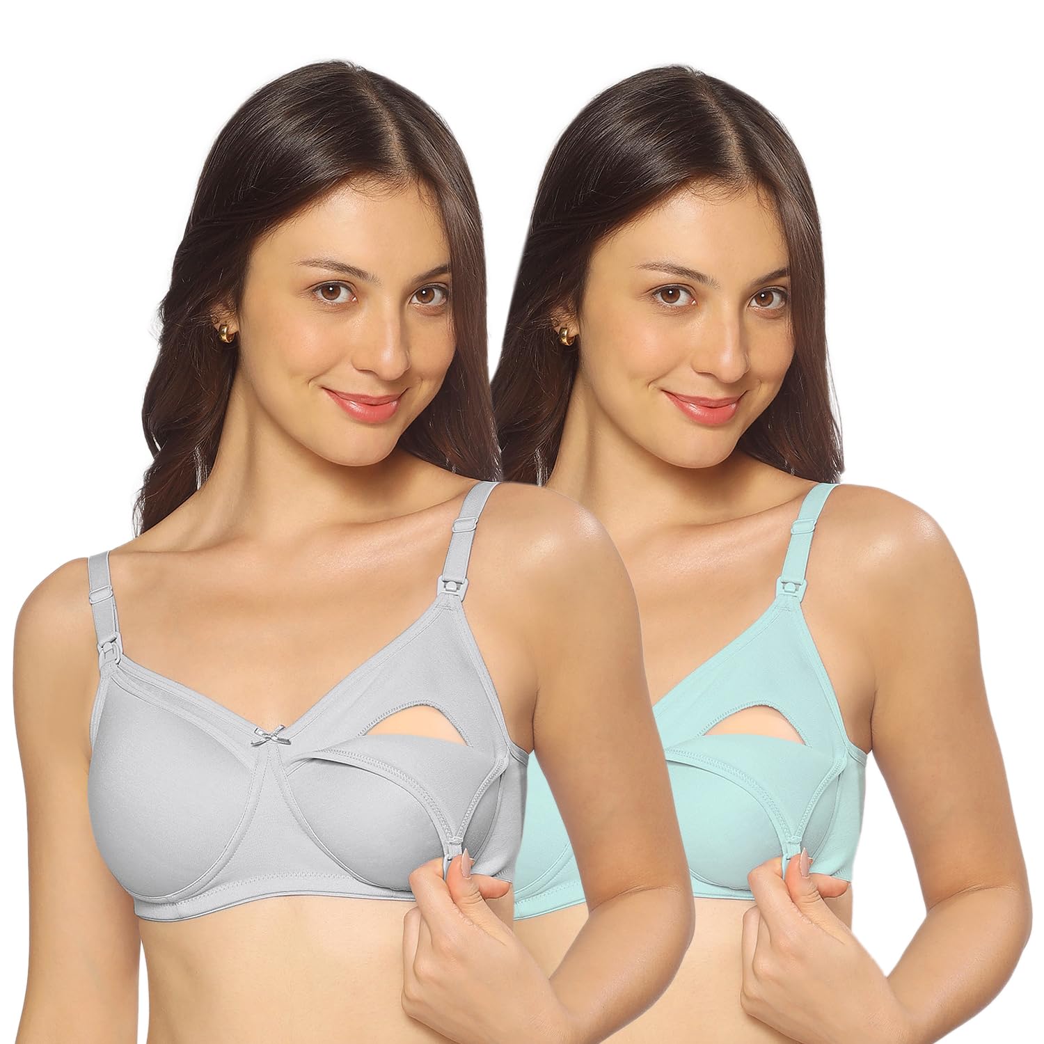 Women's Cotton Multicolor Full Cup Non-Padded Feeding Bra/Nursing Bra/Maternity Bra Combo - Pack of 2 (Silver Grey-Pastel Mint)-image-38