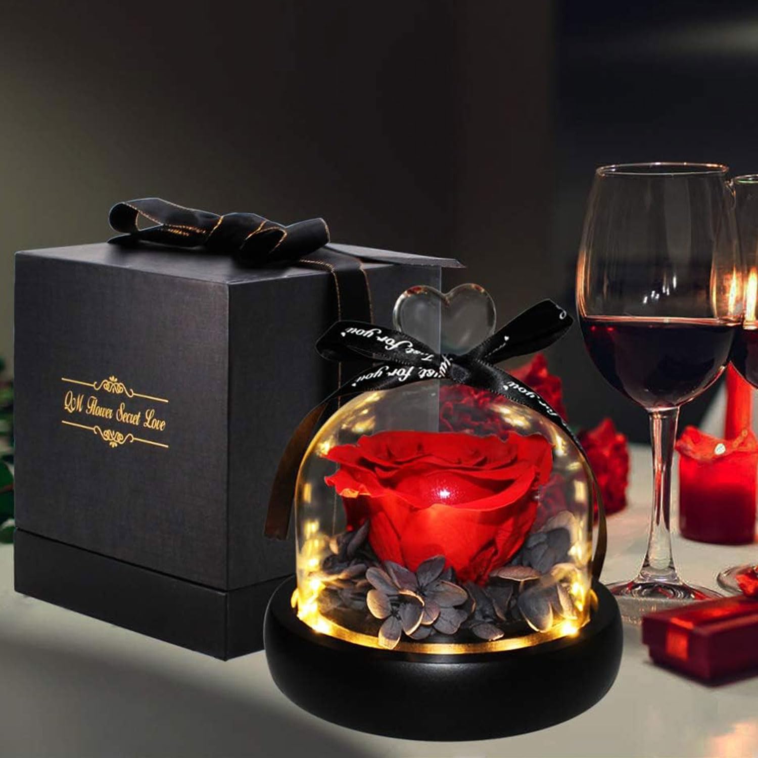 Ariati Red Real Preserved Rose With Led Illumination – Eternal Love Glass Dome With Wooden Base Inspi By Beauty & The Beast – Romantic Gift For Wedding, Birthday, Valentine's, Mother's Day, Anniversary
