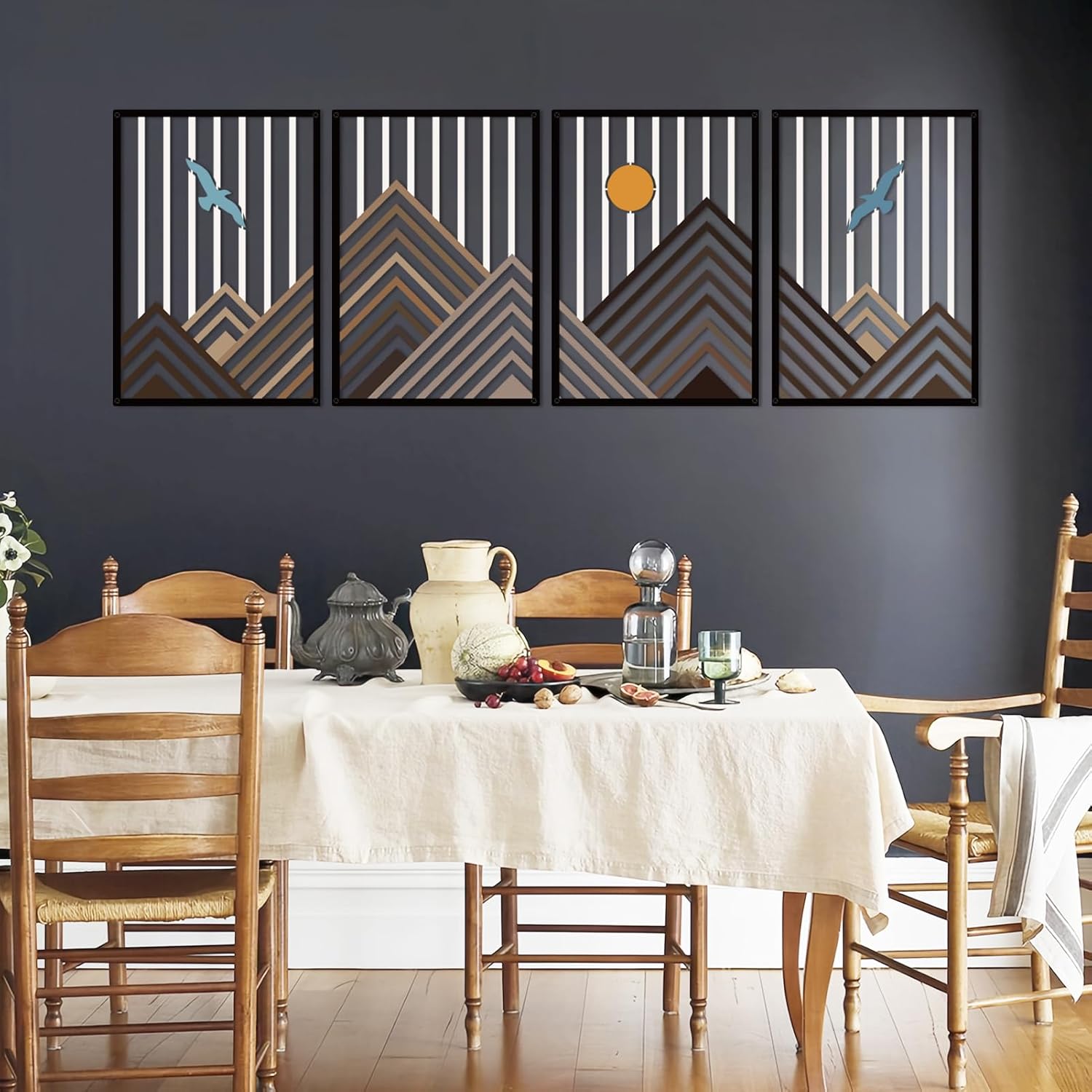 Resama 4 Panels Geometric Mountain Wall Art, Bird & Sun Nature Metal Wall Decor, Modern Abstract Mountain Range Wall Sculpture for Living Room Bedroom, Minimalist Home Hanging Art
