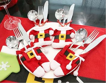 Suit Christmas Silverware Holder Pockets, Christmas Decoration Cloth/Pants Shape Knife Fork Bags Cutlery Sets, Red, 2 Clothes & 2 Pants