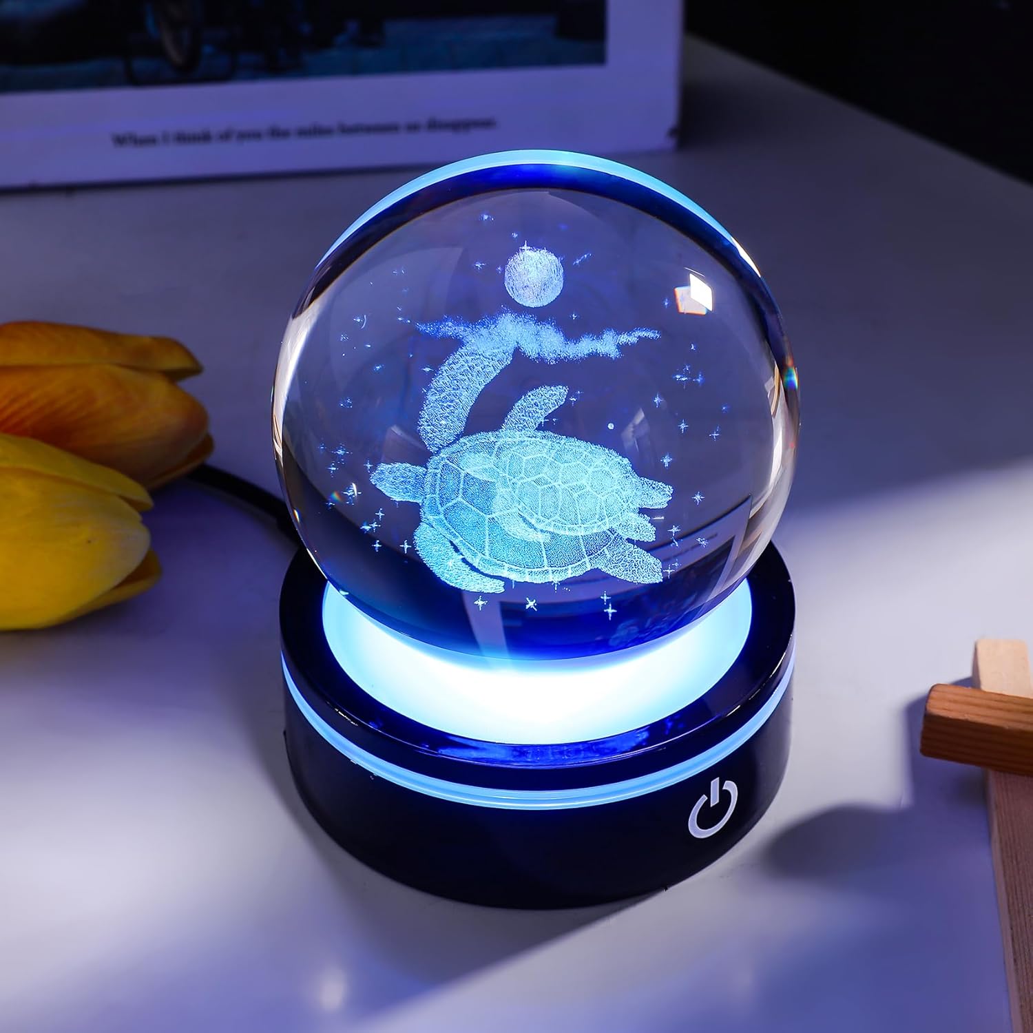 YWHL 3D Sea Turtle Crystal Ball Figurine with LED Base Laser Sea Turtle Gifts for Women Men on Christmas Birthday Decorative Turtle Ball Sea Turtle Glass Globe Night Light for Home Decor (80mm) - Image 3