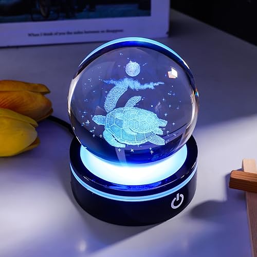 Miniatura 3 de YWHL Figura de bola de cristal de tortuga marina 3D con base LED, tortuga marina láser, regalos para mujeres y hombres en Navidad, cumpleaños, bola