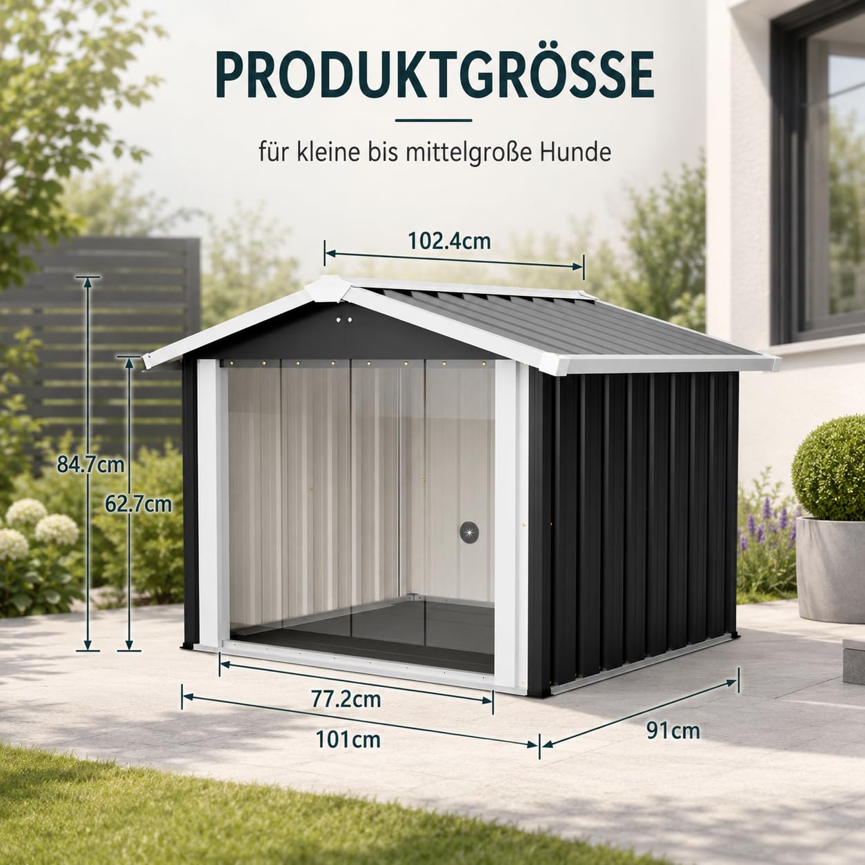 Outdoor Hundehütte wetterfest, Metall Hundehaus für Garten & Terrasse, wasserdichtes Hundehaus mit stabilem Boden, Belüftung & Schrägdach, Haustierhaus für kleine bis mittelgroße Hunde