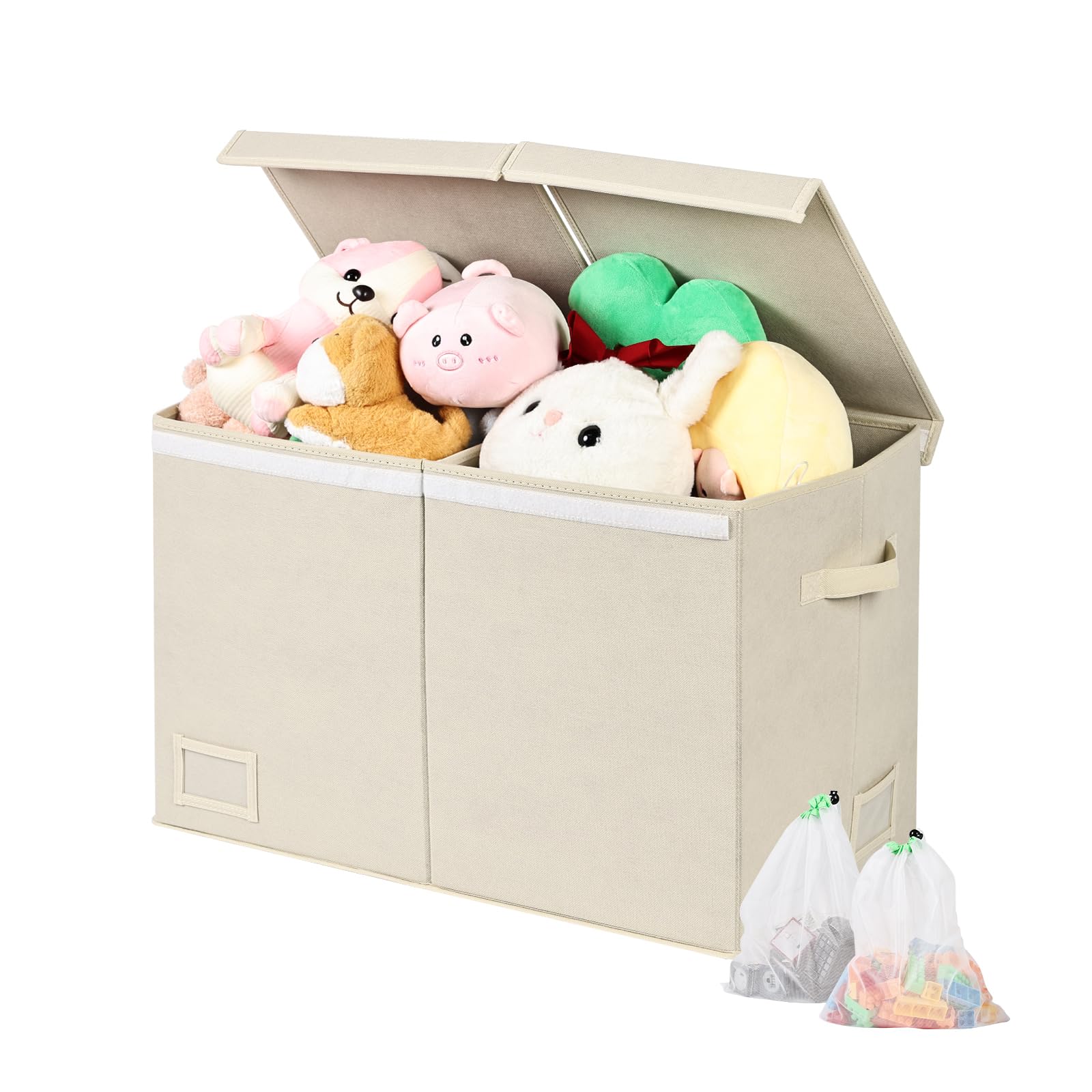 Scatola di Giocattoli Large con Coperchio Ribalta per Bambini | Scatole Porta Giochi | Portagiochi Bambini Contenitori | Pieghevole con Maniglie (Beige 2 Scomparti, 72 L)
