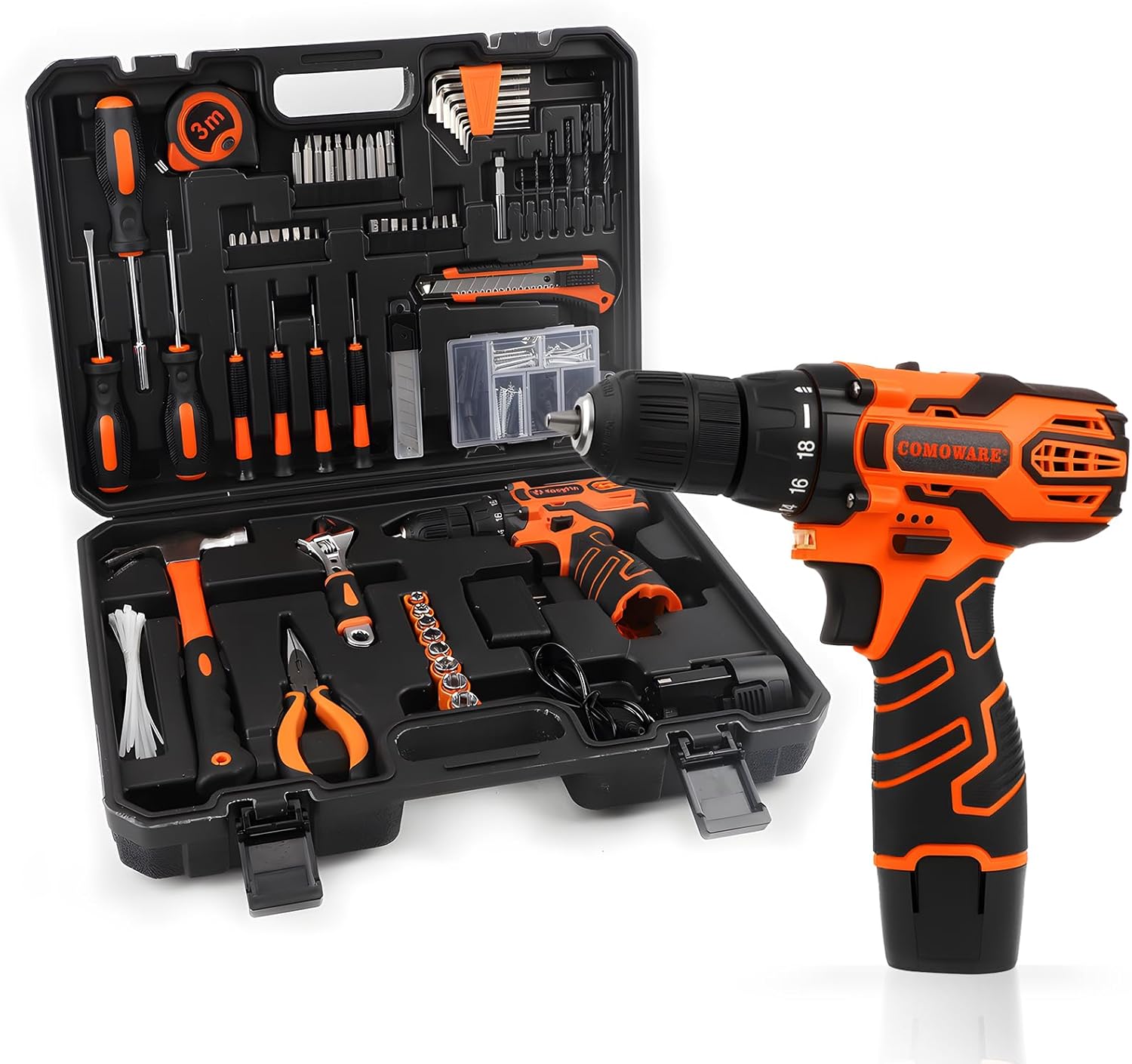 COMOWARE Household Tool Set with 12V Cordless Drill Driver, Hand Tool Kit for Men, Power Drill Set with Plastic Toolbox, Ideal for Office, Garden, DIY Project, Orange