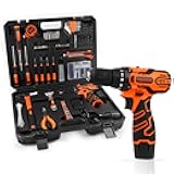 COMOWARE Household Tool Set with 12V Cordless Drill Driver, Hand Tool Kit for Men, Power Drill Set with Plastic Toolbox, Ideal for Office, Garden, DIY Project, Orange