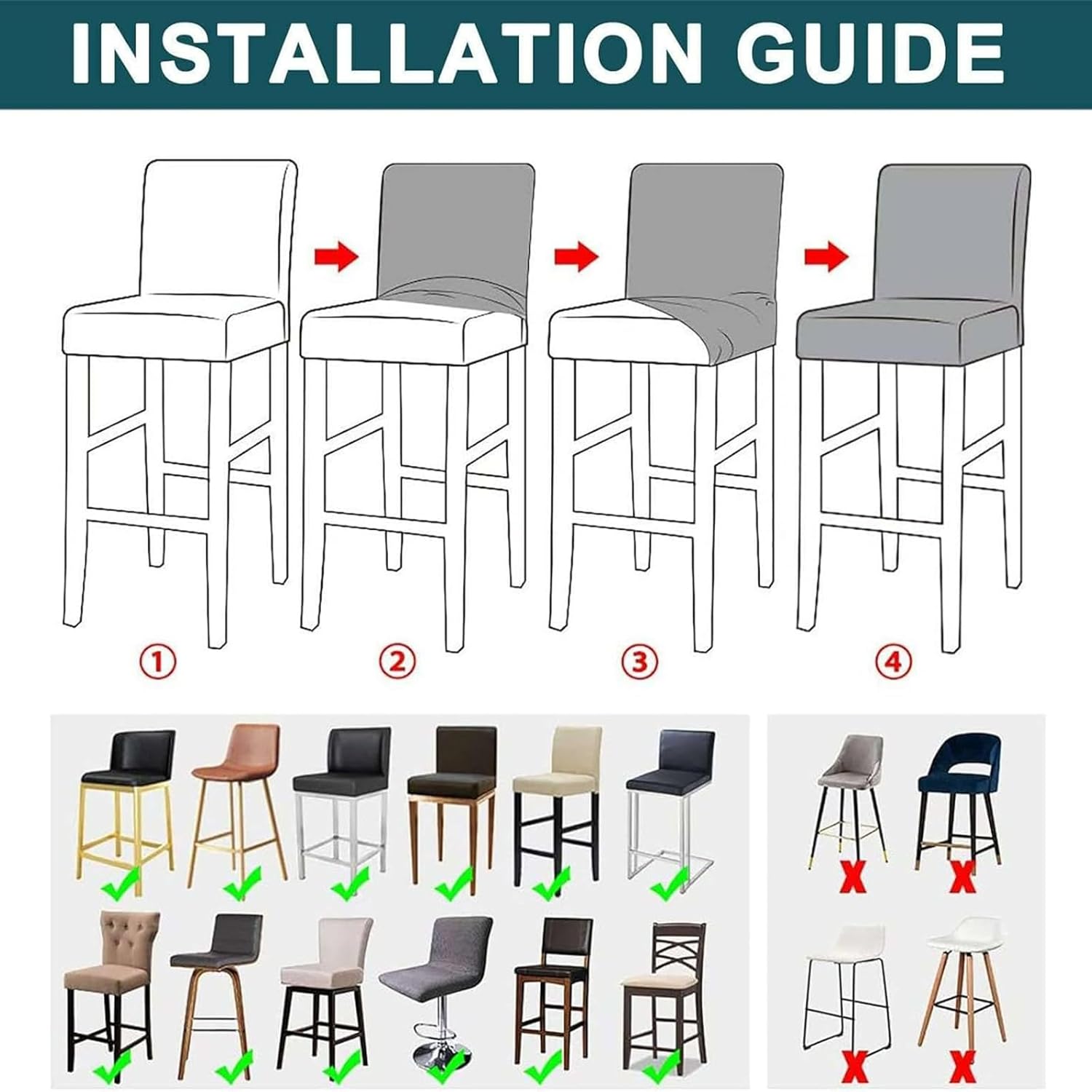 PU Leather Bar Stool Covers with Backs, Stretch Waterproof Bar Stool Chair Covers Washable & Wipeable Chair Protctor for Pub, Counter, Cafe, Dining Room,E,4pack
