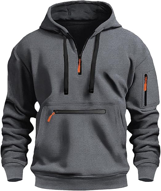 Sweat à Capuche Demi-zippé Homme - Coupe Ample, Doublé Polaire, Multi-poches - Pour Tous Les Jours, Automne/hiver