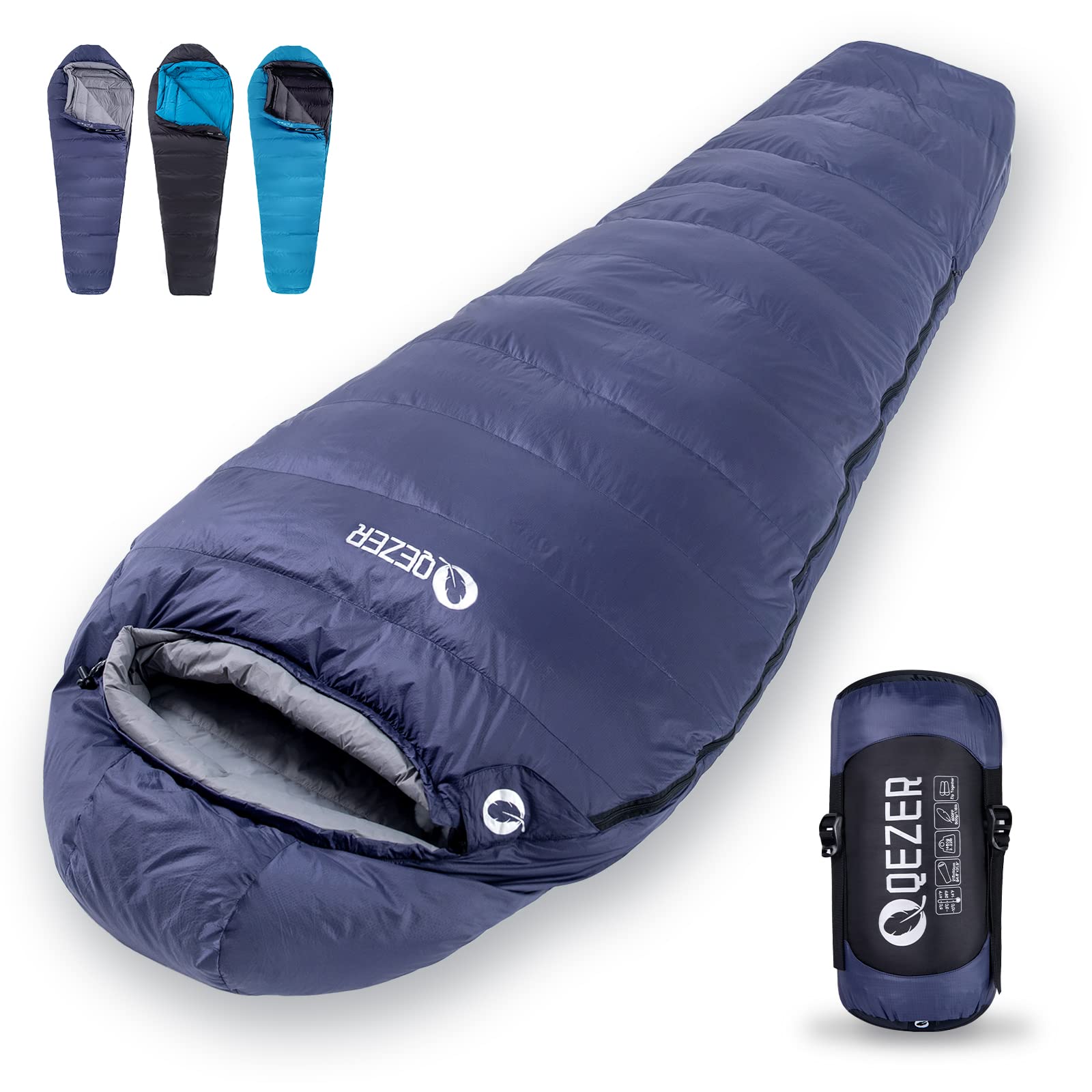 QEZER Down Sleeping Bag for Adults 0°F 10°F 15°F 20°F Backpacking Sleeping Bag for Cold Weather with Compression Sack