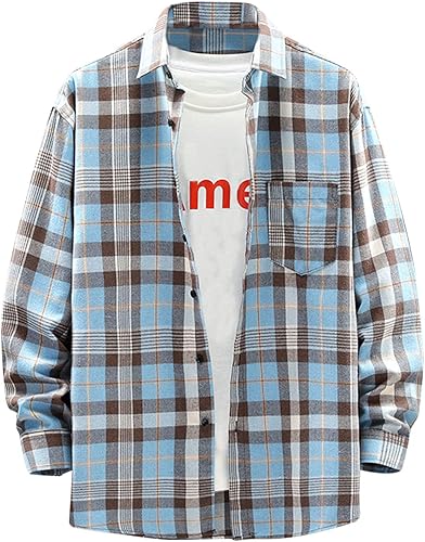 T Shirts for Men Fashion Cotton Button Down Collar Shirt Jackets Classic Fit Long Sleeve Plaid Shirts Coat 2023
