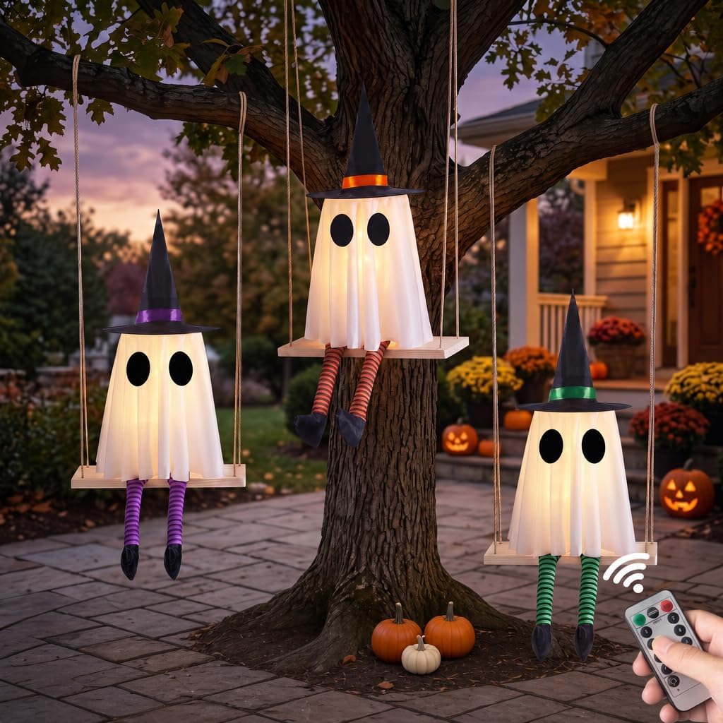 Best Halloween Porch Decor Sets — Complete Your Spooky Entrance 3 CYSKXYI Halloween Swinging Ghost Outdoor Decor — set of 3 glowing ghost swings with witch hats on wooden swing boards