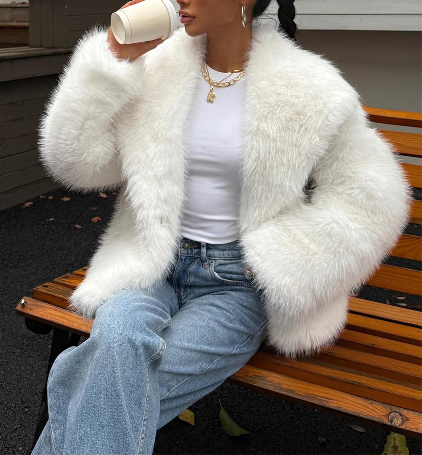 Womens Faux Fur Coat Winter Shaggy Long Sleeve Open Front Casual Oversized Lapel Jackets Warm Fuzzy Outerwear - Image 3