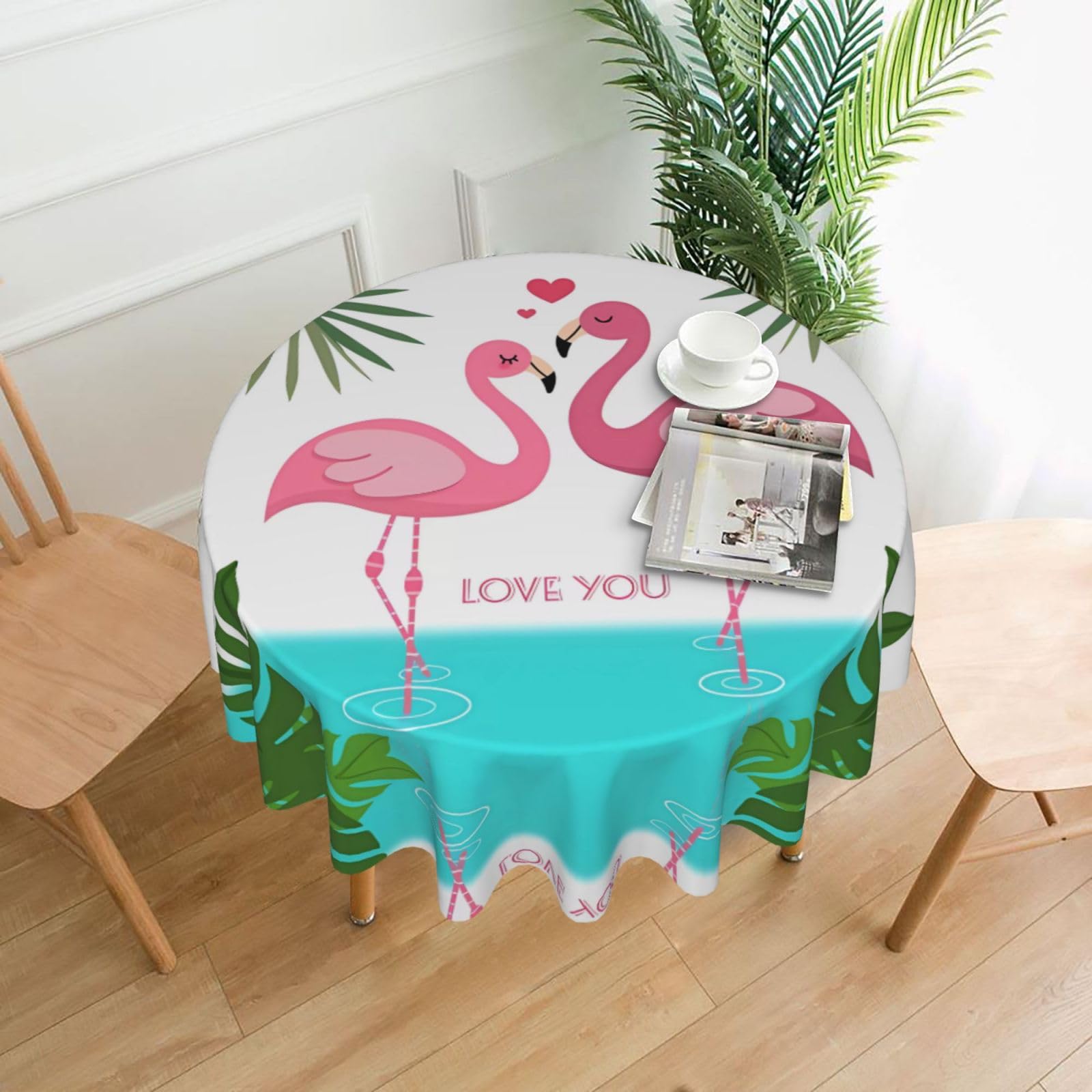 YYHHAOFA Palm Leaf and Flamingos Couple Prints Round Decorative Tablecloth 60in - High-Grade Polyester Throw for Dining Tables, Parties, & Outdoor Events