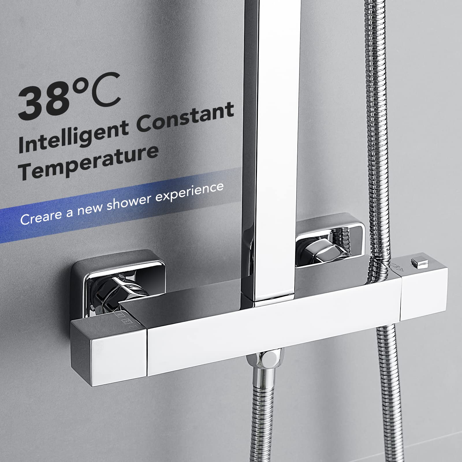 System prysznicowy ze stali nierdzewnej z termostatem, zestaw prysznicowy z kwadratową głowicą prysznicową 25 x 25 cm
