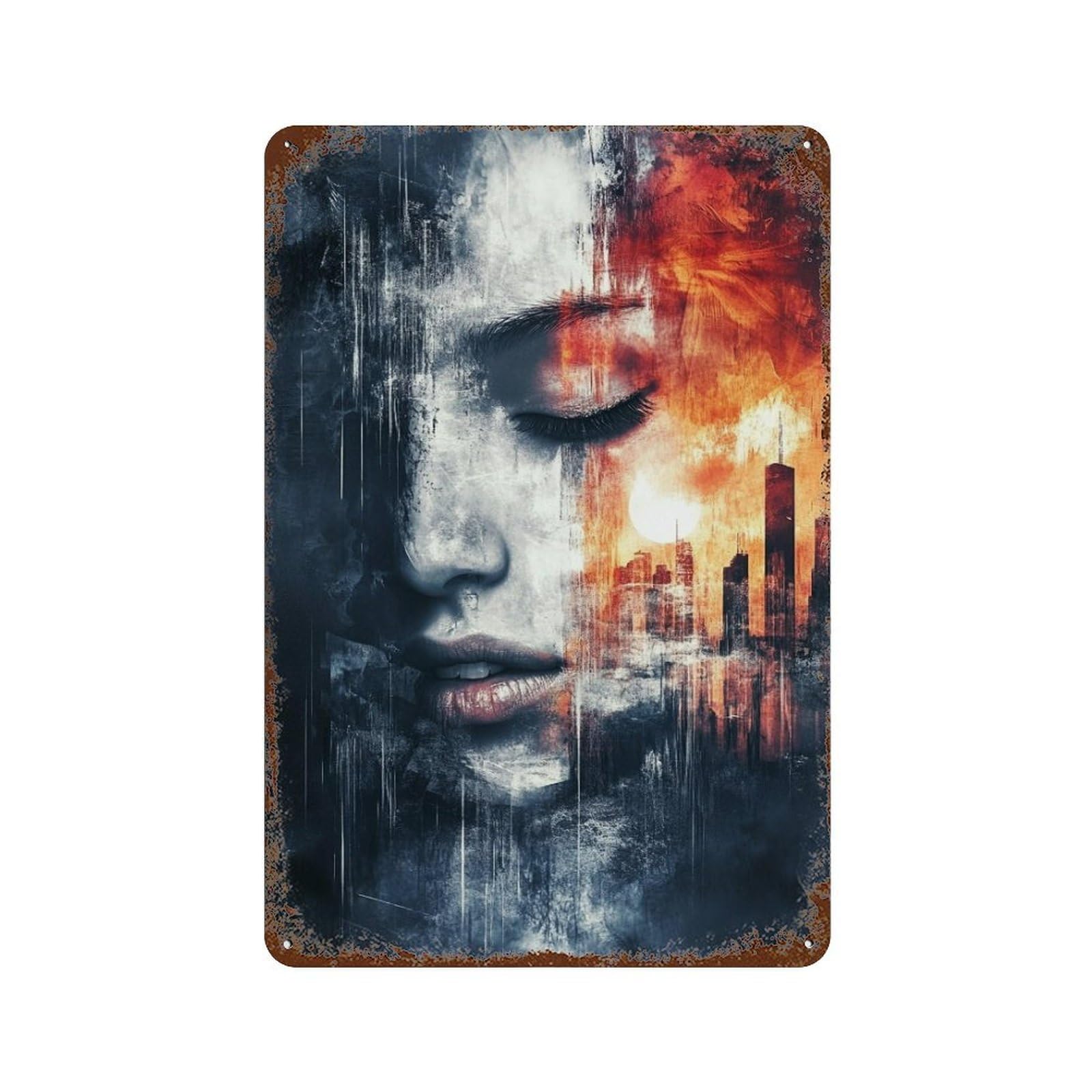 Cityscape Abstract Artwork Vintage Metal Tin Sign 11.8"x7.9", Vintage Wall Decor for Garage, Pub Or Kitchen