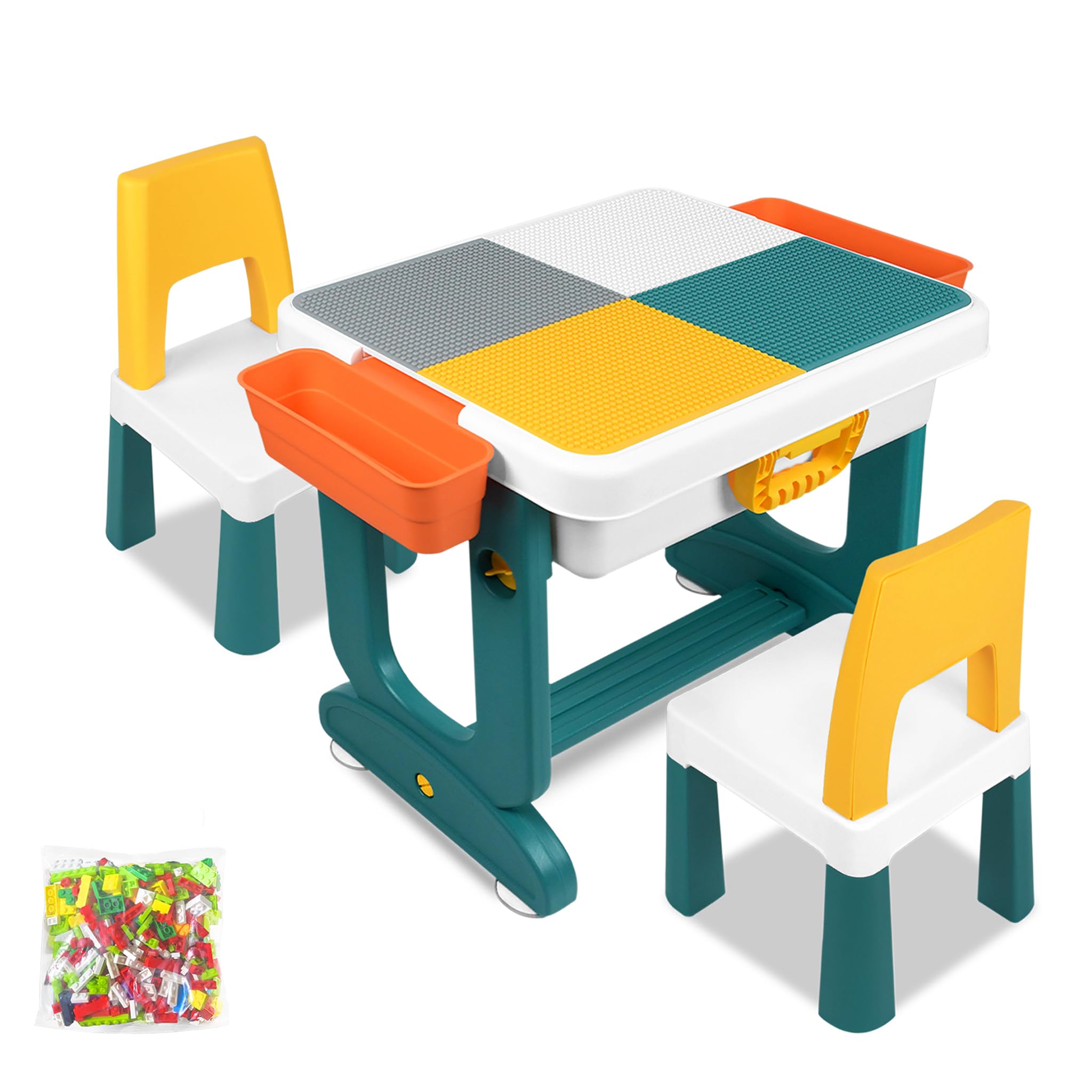 6 in 1 tavolo per bambini con 2 sedie, tavolo da gioco per bambini con 300 mattoncini da costruzione, tavolo da lavoro multifunzione