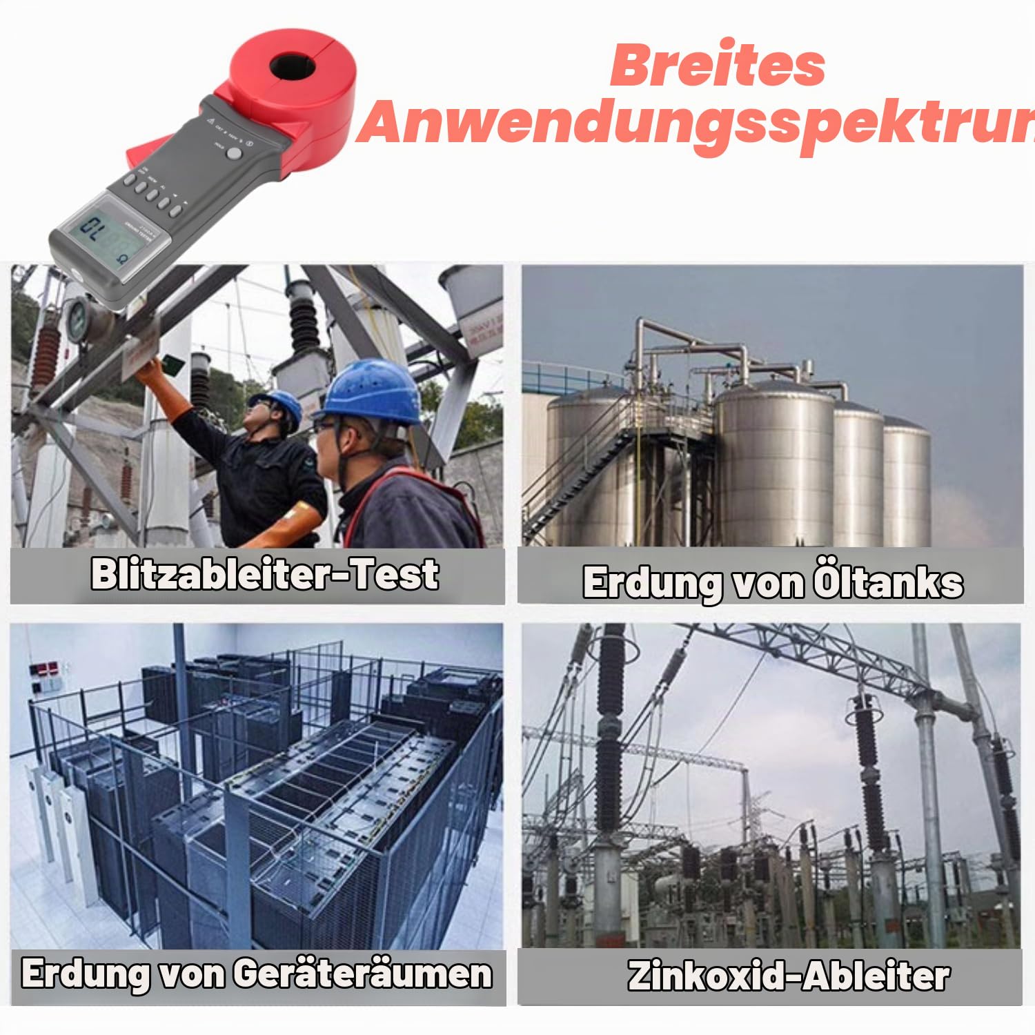 Digitales Stromzange, ETCR2100A Zählern Zangenamperemeter Zangenmessgerät Widerstandstester Erdungsmesszange Erdungswiderstandsmesser mit LCD-Anzeige, 0,01-200Ω Widerstandstester(Runder Mund)