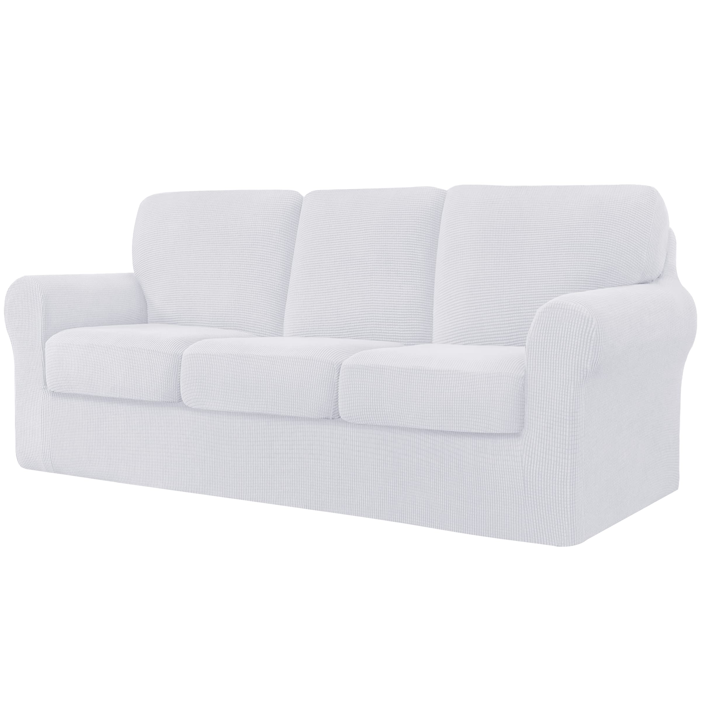 CHUN YI 7 Piece Stretch Sofa Cover, 3 Seater Couch Slipcover with Three Separate Backrests and Cushions with Elastic Band, Checks Spandex Jacquard Fabric(Large,White)