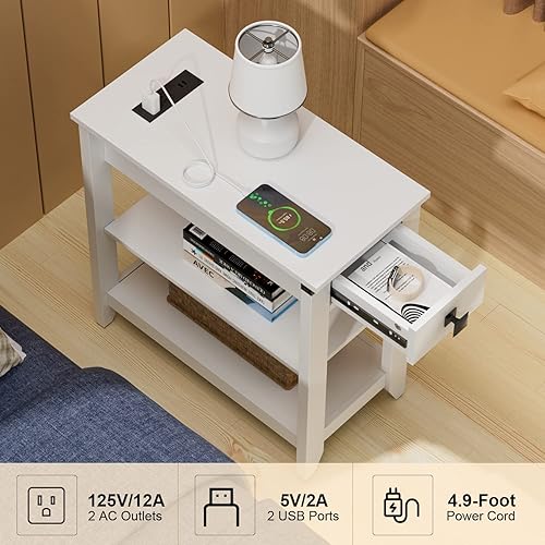Miniatura 7 de Mesa auxiliar estrecha con estación de carga, mesa auxiliar con puertos USB y tomas, mesita de noche para espacios pequeños, mesa auxiliar delgada