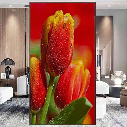 Adhesivos estáticos para ventana, vinilo con diseño de flores, vitrales, sin pegamento, control térmico, tulipanes que florecen en el jardín, 17.7