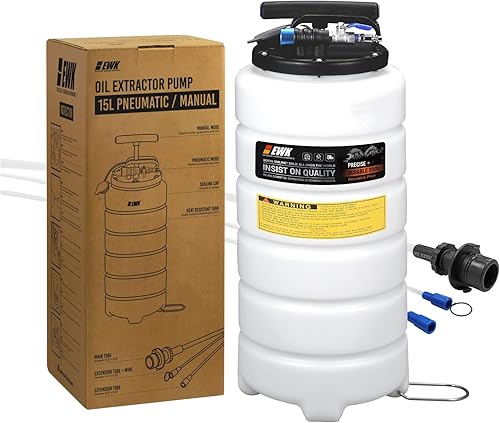Bomba EWK extractora neumática/manual para cambio de aceite patentada de 3.9 galones para extracción de vacío de fluidos automotrices.