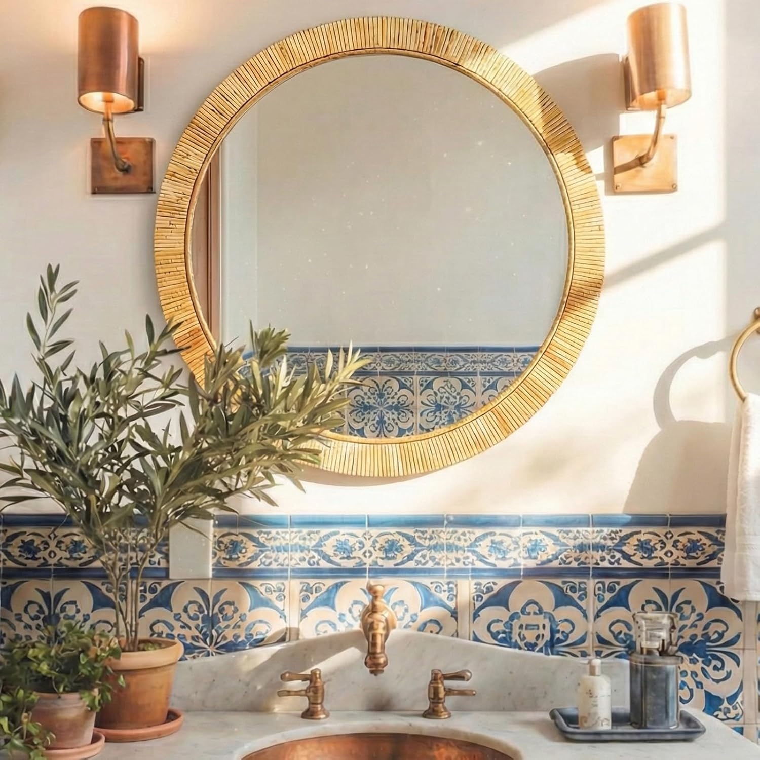 24"x24" inch Rattan Mirrors for Wall, Rustic Farmhouse Style Handmade Wicker Rattan Frame, Boho Wall Mirror for Bedroom, Bathroom, Livingroom, Hallway