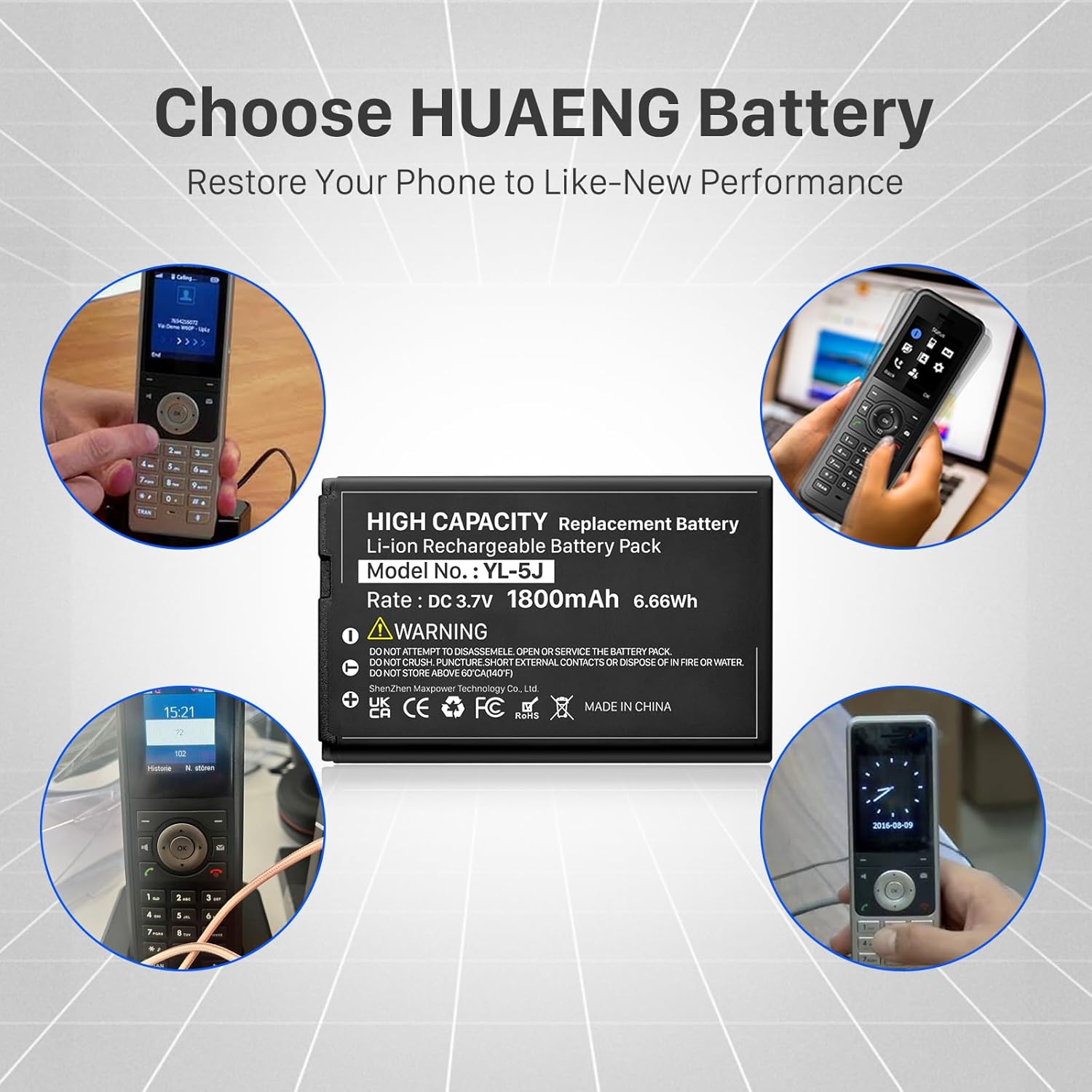 2pcs 1800mAh YL-5J Battery Compatible with Yealink W56HB W59R W56h/p W59VR W60P W76p W77P W79P W56-BATT One Talk IP DECT 3.7V