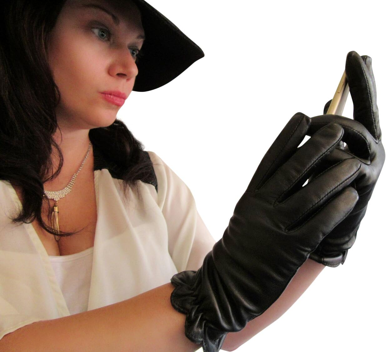 Touchpoint Fownes Women's Fleece Lined Black Lambskin Leather Smart Gloves 7.5/L