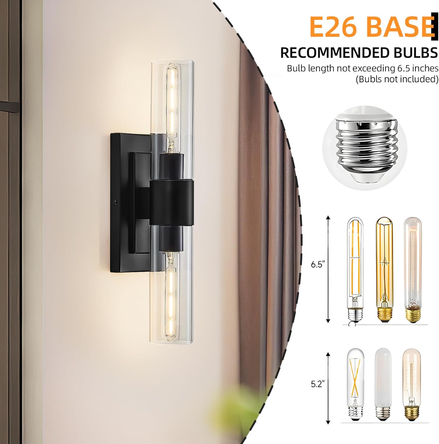 Black Wall Sconces Set of Two,Modern Bathroom Light Fixtures,2-Light Sconces Wall Lighting with Thickened Tempered Clear Glass,19 in Indoor Hardwired Wall Lights for Bedroom,Mirror, E26 Base