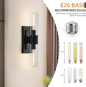 Black Wall Sconces Set of Two,Modern Bathroom Light Fixtures,2-Light Sconces Wall Lighting with Thickened Tempered Clear Glass,19 in Indoor Hardwired Wall Lights for Bedroom,Mirror, E26 Base