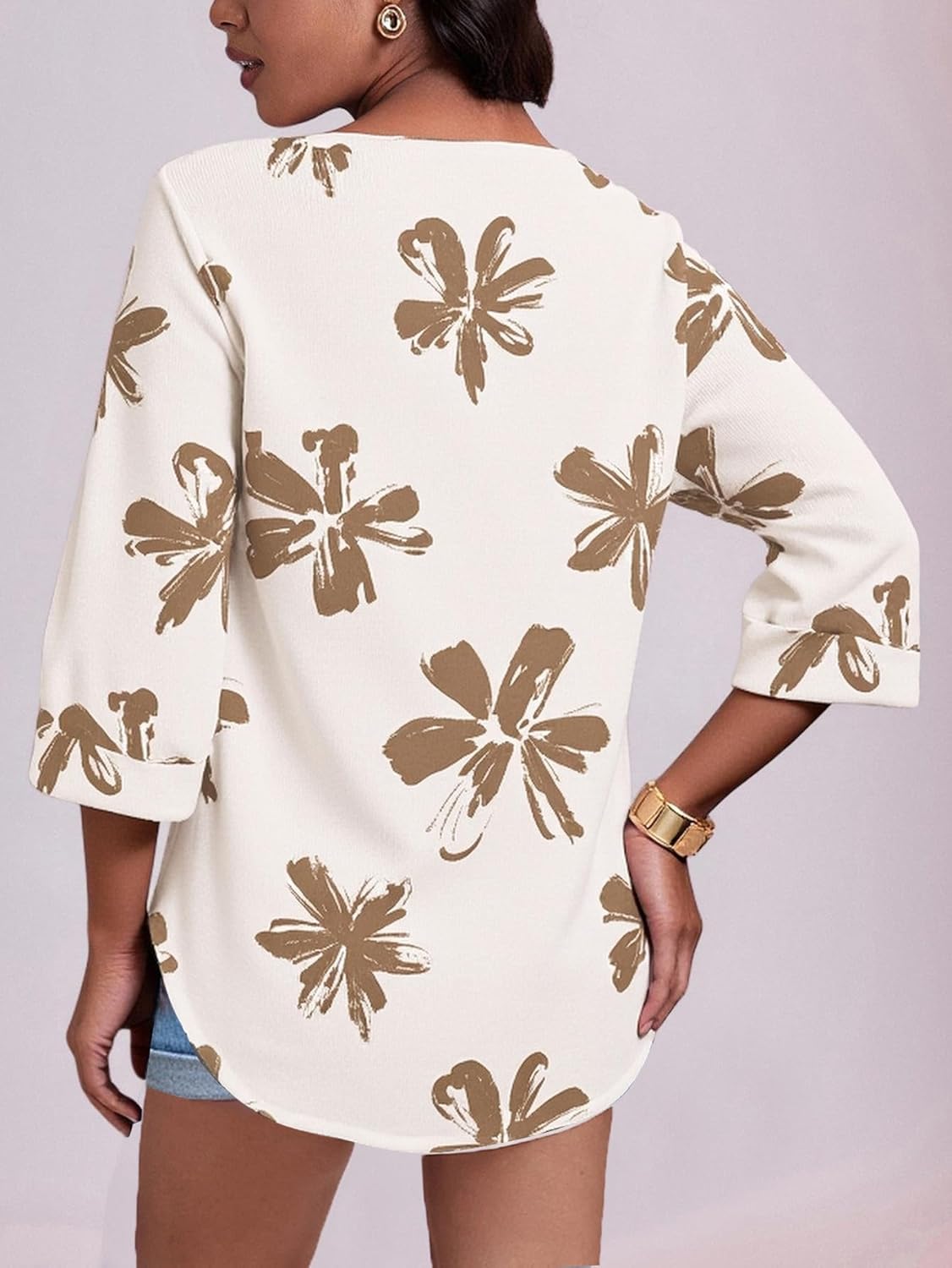 Women's Floral Print 3/4 Sleeve Blouse Dressy Casual V Neck Work Office Shirts - Image 2