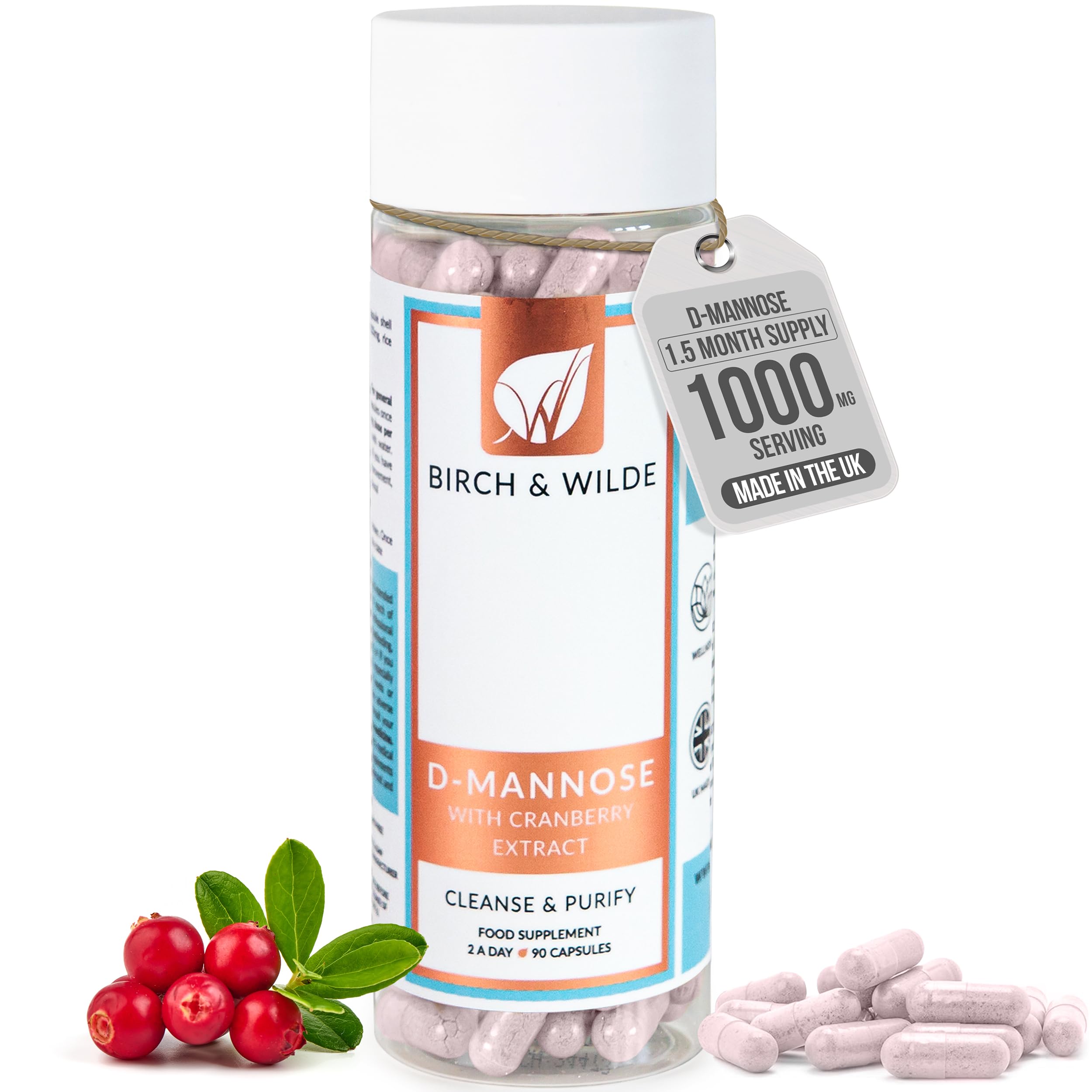 D-Mannose 1000mg Capsules with 36:1 Cranberry Extract | High Strength UTI Support & Bladder Supplement for Women & Men | Natural Urinary Tract Health | Vegan, UK Made, 90 Capsules (1.5 Month Supply)
