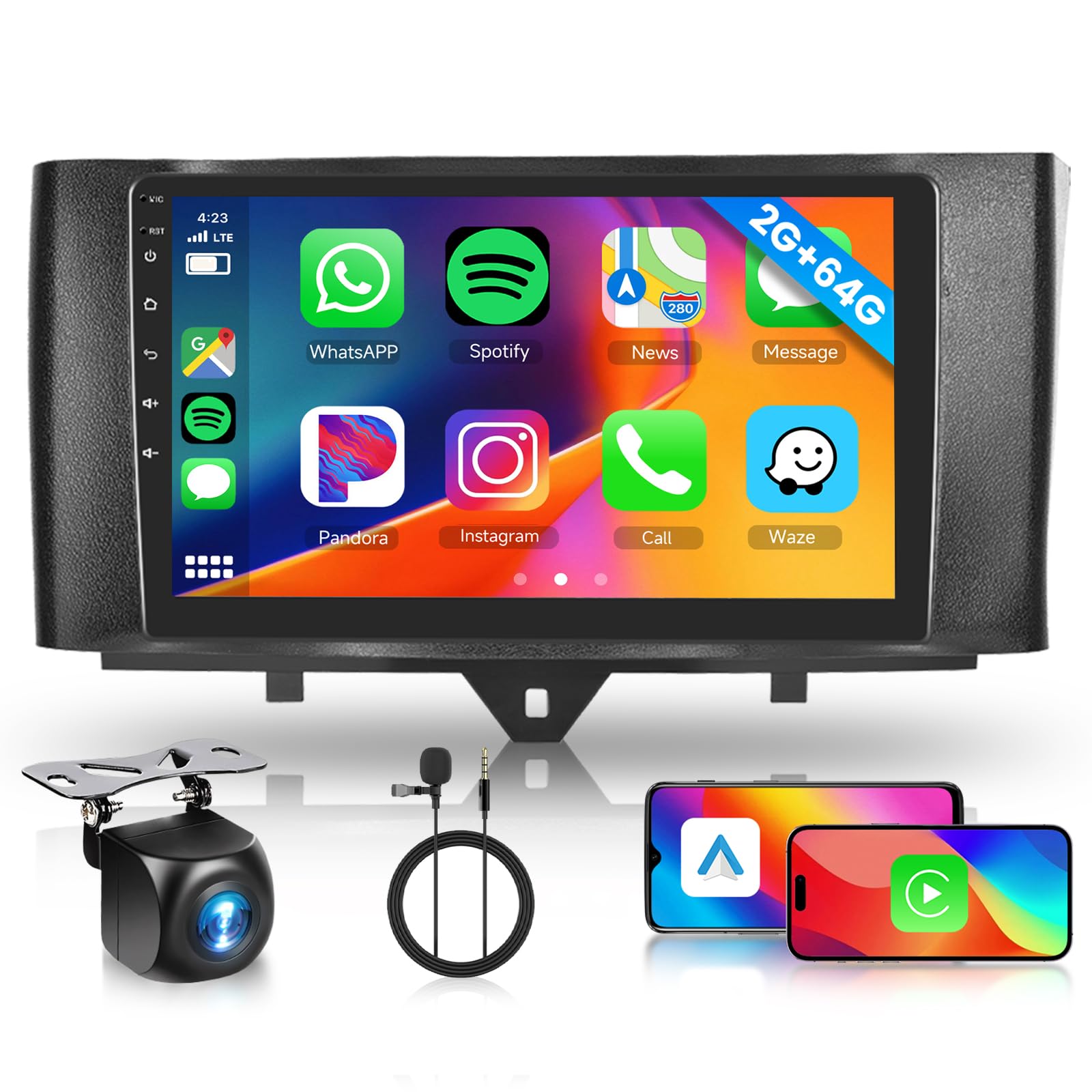 2GB 64GB Android Autoradio per Mercedes Benz Smart Fortwo 2011-2015 W451 Radio Carplay Wireless Android Auto, Hodozzy 9 Pollici Touch Screen GPS WiFi, Bluetooth FM/RDS, SWC, 2 Din Radio per Mercedes