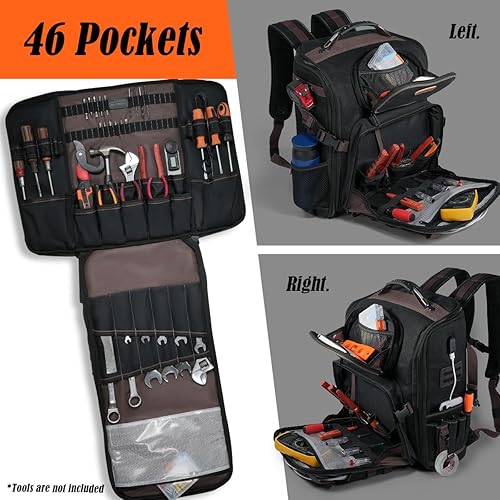 Miniatura 3 de WELKINLAND Mochila de electricista de 46 bolsillos, mochilas de herramientas completamente abiertas, mochila de herramientas de alta resistencia,