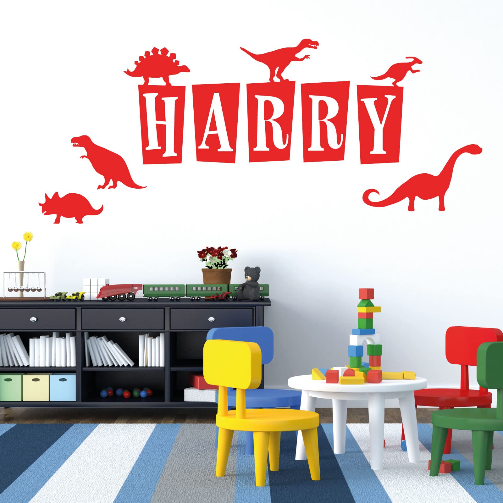 Personalised Name - Dinosaurs, T-Rex, Apatosaurus, Jurassic Era - Children's Bedroom Vinyl Wall Decal Sticker [Medium] [Poppy]