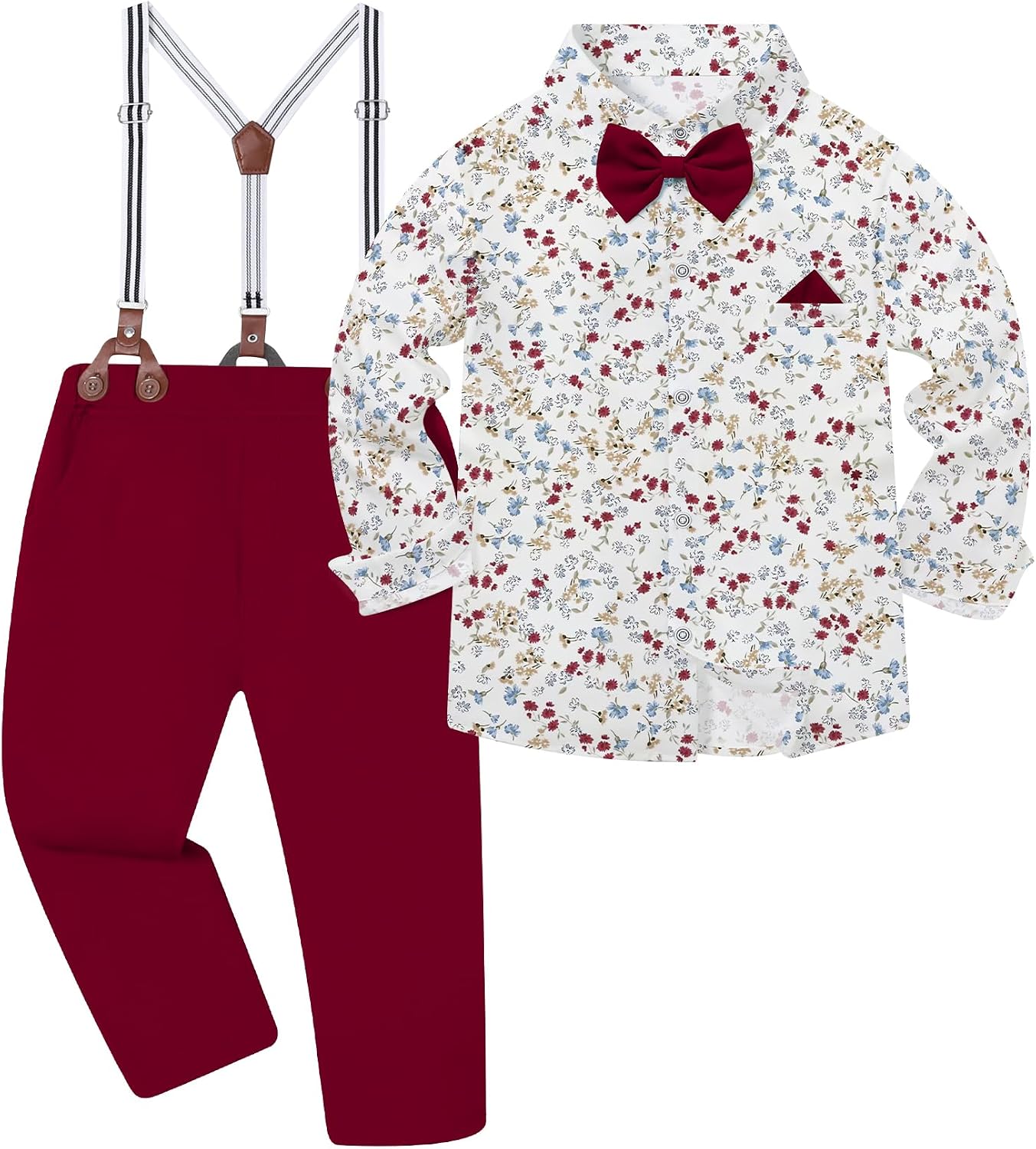 DISAUR Boys Dress Clothes Wedding Ring Bearer Outfit Boy Formal Suits Dress Shirt with Bow Tie +Suspender Pants Set