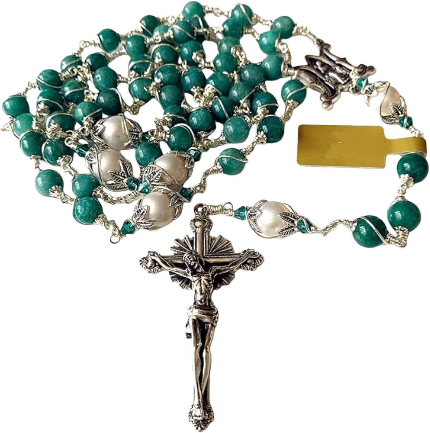 elegantmedical HANDMADE Sterling Silver Wire Wrapped Russia Amazonite Beads & AAA10MM Real Pearl Rosary Cross Necklace Catholic GIFTS