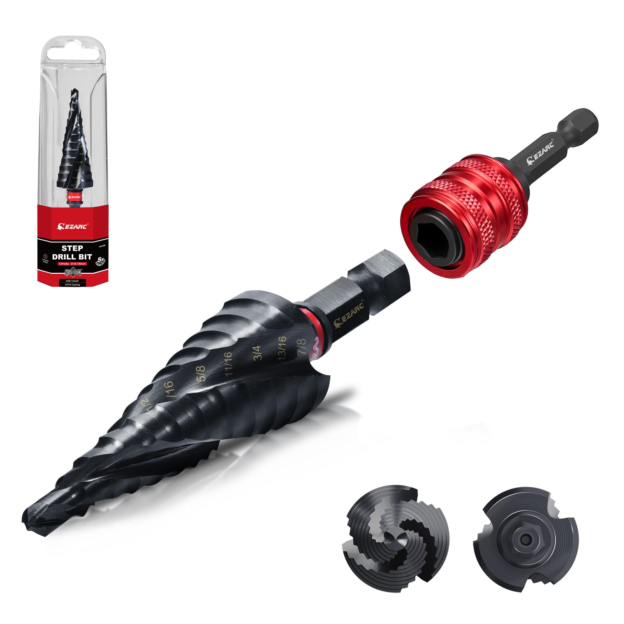 ezarc step drill bit for metal (3/16''-7/8''),m35 cobalt wear-resistant altin coated step drill spiral flute unibit, 5/16" thickened and 1/4" hex shank for stainless steel, aluminum, plastic