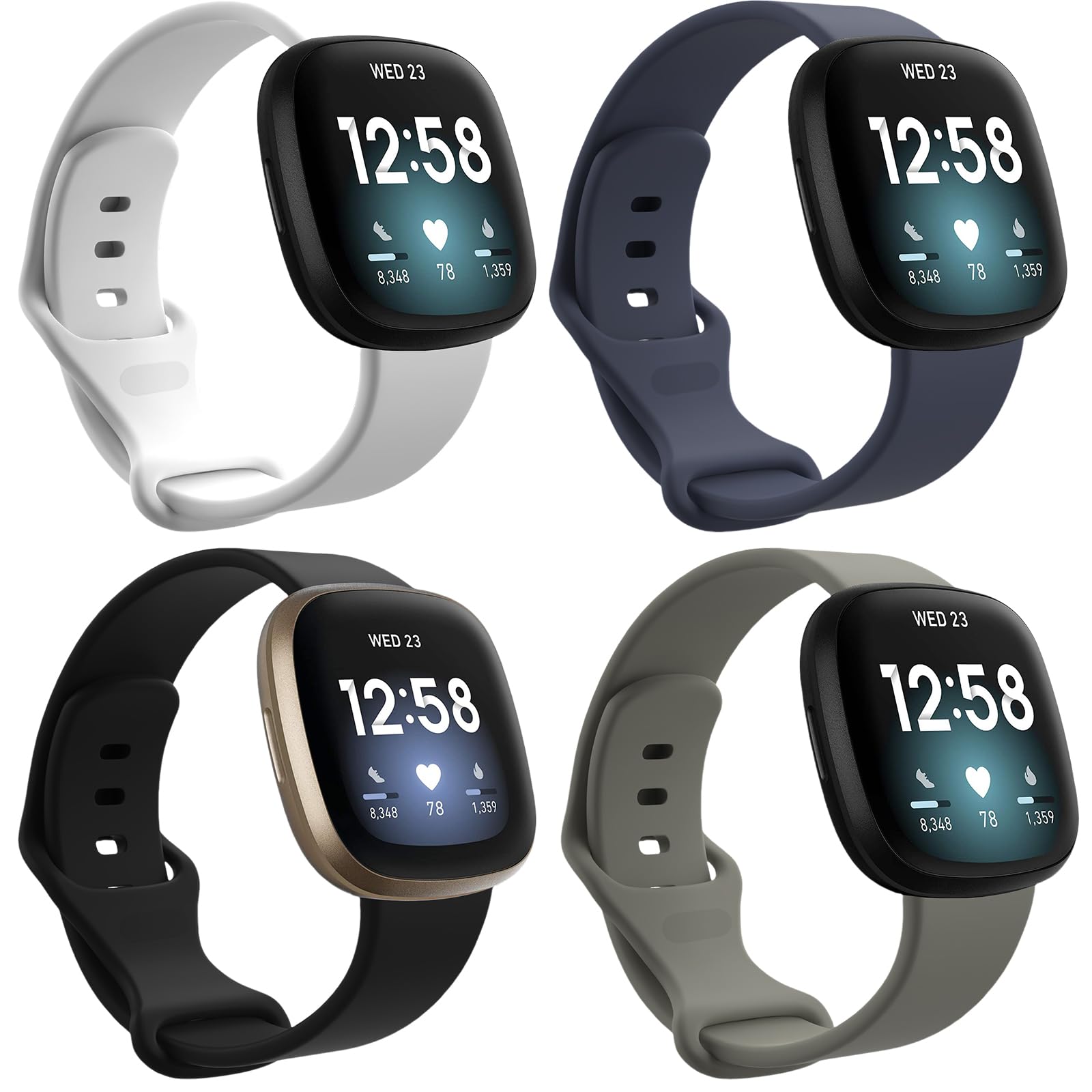 4 Pack Watch Bands Compatible with Fitbit Versa 4/Versa 3/Sense 2/Sense Bands, Soft Silicone Replacement Wristband Strap Accessories for Women Men