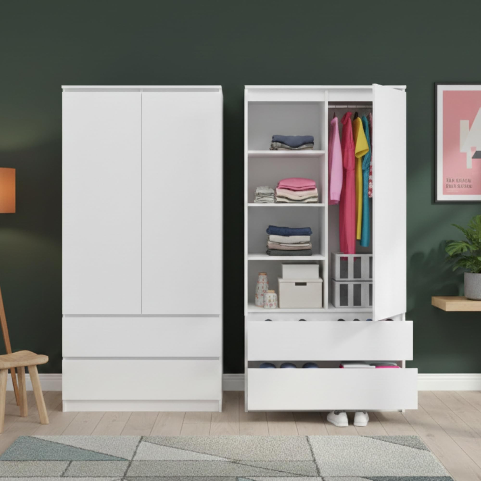 Home Collective Kleiderschrank Schrank Mehrzweckschrank Haushaltsschrank 90x50x180 cm (BxTxH) mit 2 Schubladen, 3 Einlegeböden & Kleiderstange – robust, platzsparend & vielseitig | Weiß