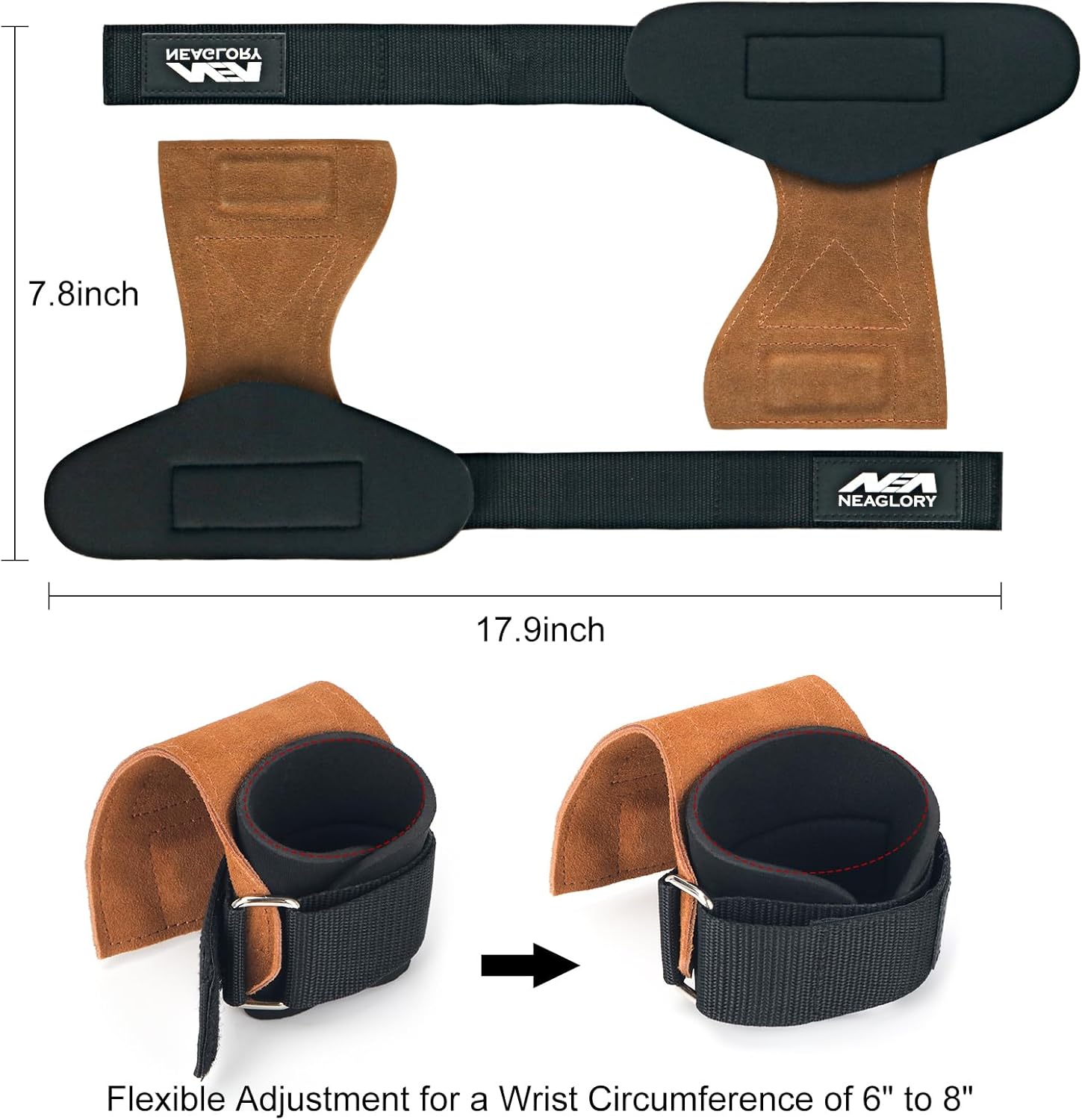 NEAGLORY Weight Lifting Wrist Straps Double Layer Leather Padded Wrist Hooks Support Gloves for Deadlift Powerlifting Neoprene Adjustable Gym Workout Accessories for Men&Women