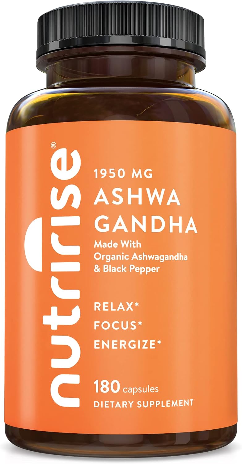 NutriRise Organic Ashwagandha Root Capsules with Black Pepper, 1300mg, Natural Stress & Mood, Thyroid, and Immune Support Supplement, Sleep Aid, Nootropic for Focus & Energy, Gluten Free, 180 Count