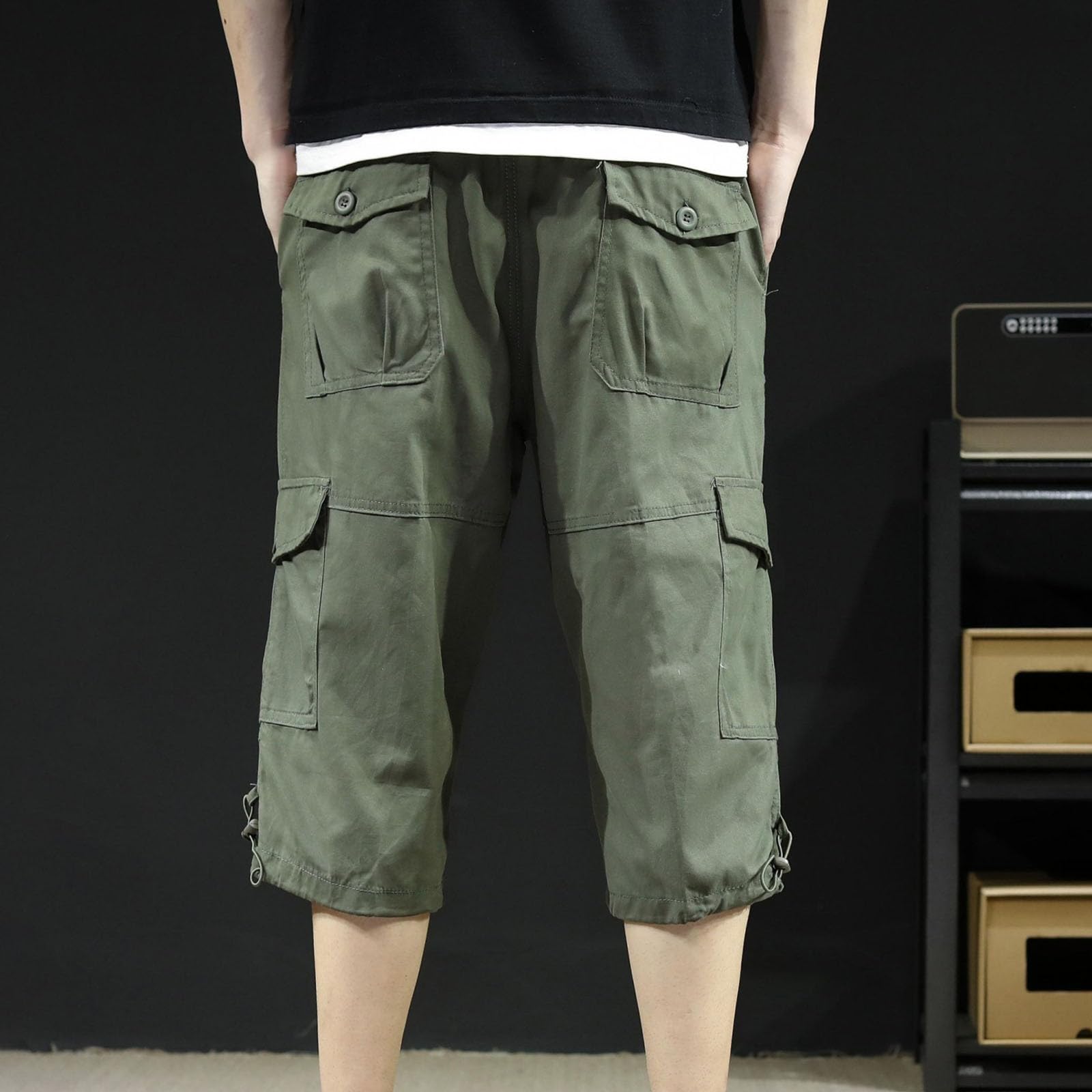 Pantalon 3/4 en coton léger pour homme - Grandes tailles - Couleur unie - Pantalon cargo d'extérieur - Pantacourt