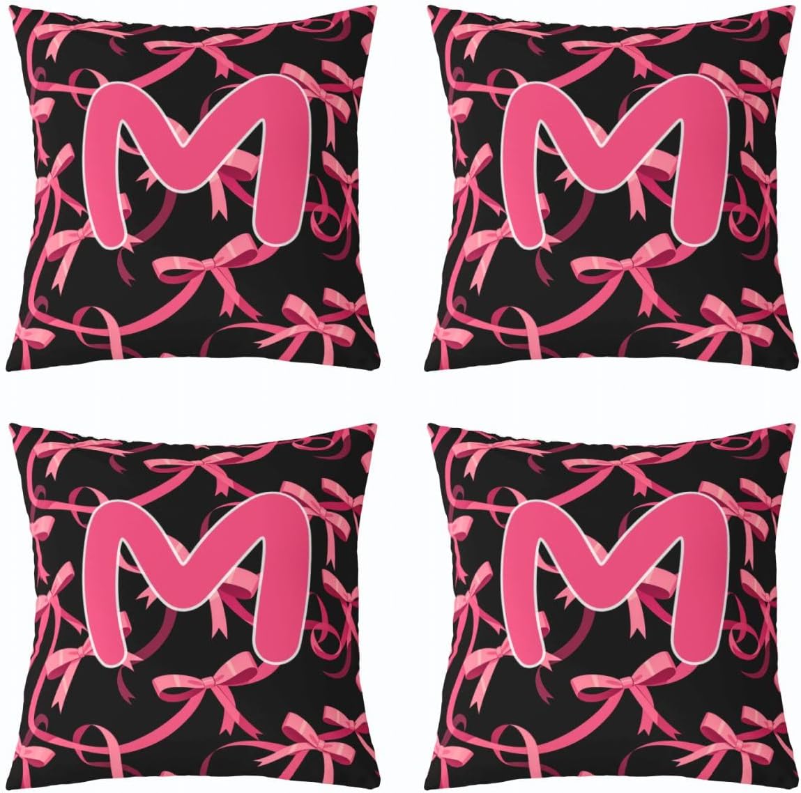 Manfei Initial Letter M Double Sides Print Pillow Cover,Cute Pink Bow Throw Pillow Case Cover for Couch Chair,Coquette Ribbon Bow Knot Black 20"x 20" Cushion Cover Room Decor,Pack of 4