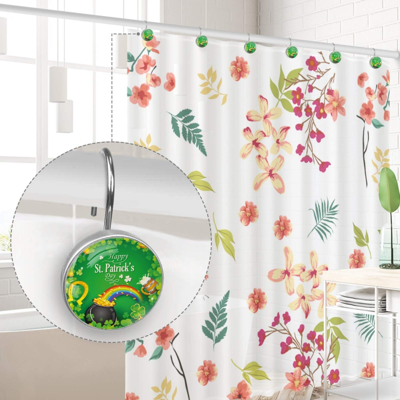 Lot de 12 crochets ronds en acier inoxydable pour rideau de douche avec anneaux en cristal résistant à la rouille