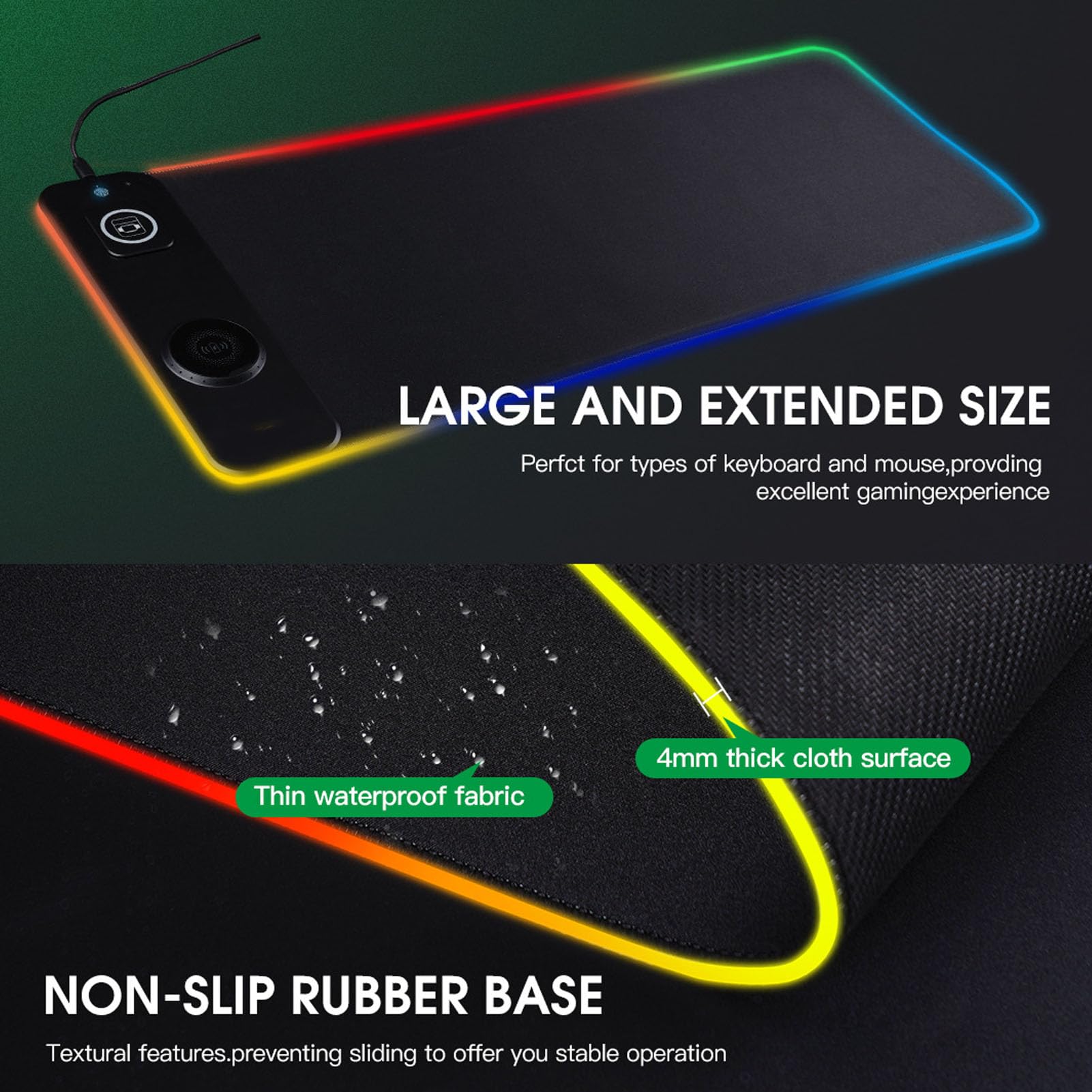 Annadue Alfombrilla de Ratón para Juegos RGB con Carga Inalámbrica, Alfombrilla de Ratón para Juegos LED Grande de 800 * 300Mm,Alfombrilla para Teclado de Computadora con Base Antideslizante