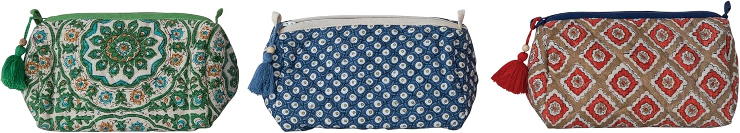 Creative Co-Op 3-Piece Quilted Cotton Slub Printed Zip Pouch with Pattern, Multicolor
