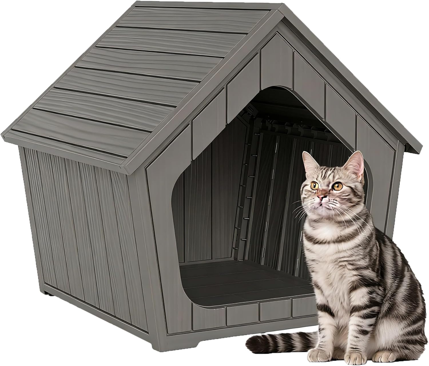 Outdoor Cat House Weatherproof, Resin Triangular Cat Houses for Outdoor Cats, Feral Outdoor Cat Shelter with Dual Cat-Shaped Doors, Easy to Assemble & Clean, Black